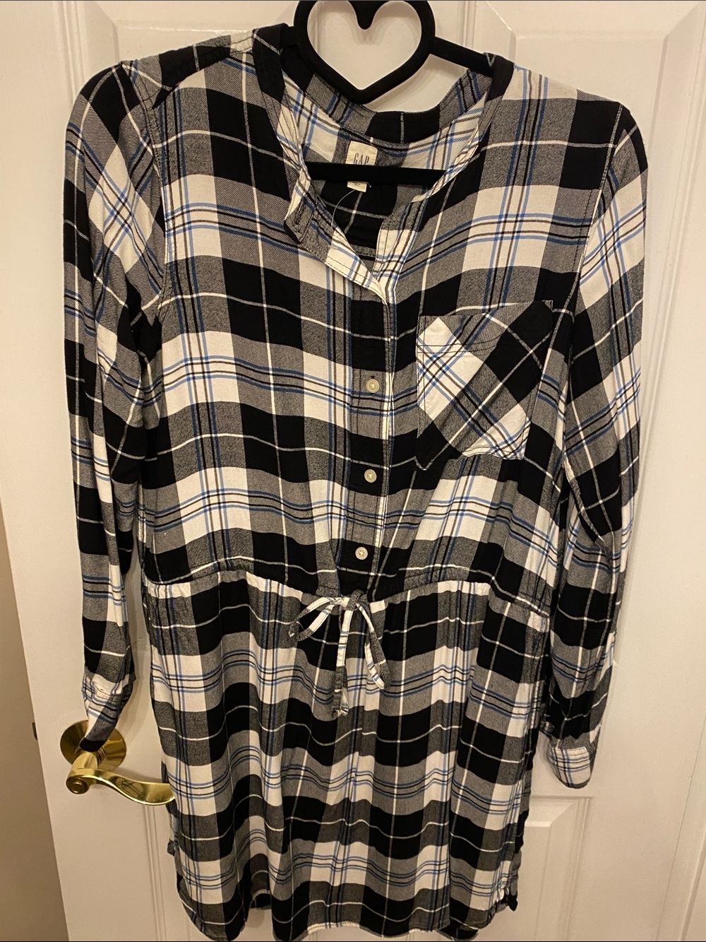 GAP Black White Plaid Button-Front Drawstring Dress